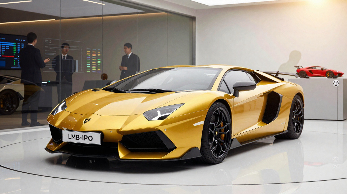 Carro esportivo amarelo exposto em showroom moderno com duas pessoas ao fundo conversando.
