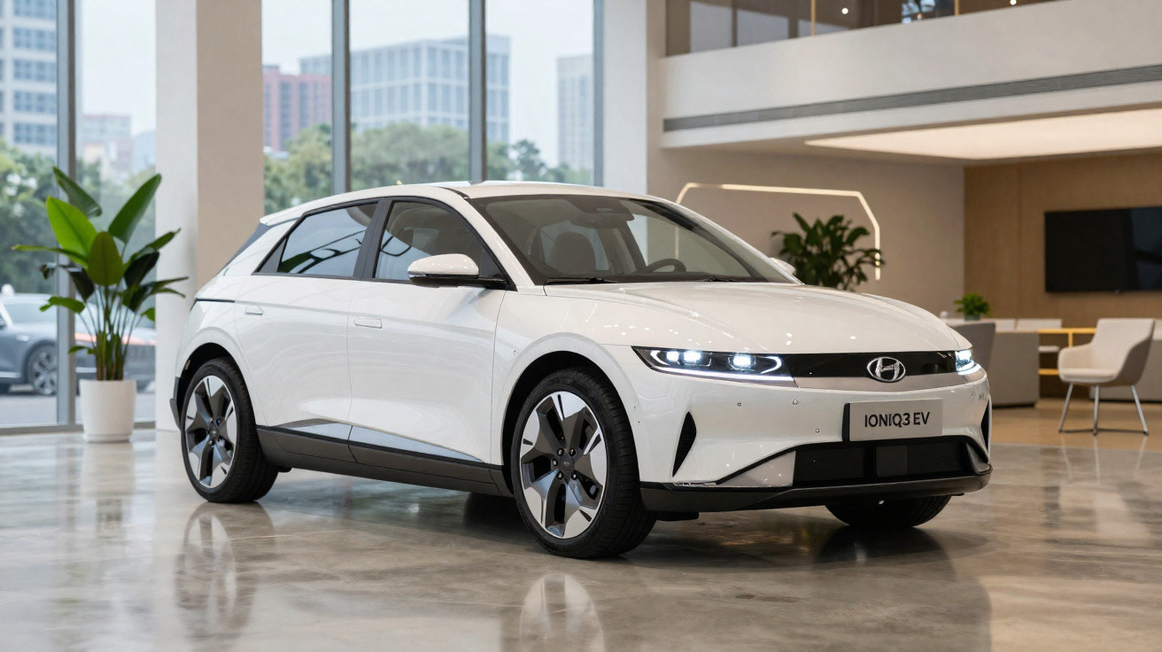 Carro elétrico branco Hyundai IONIQ 3 EV em showroom moderno com piso refletivo e plantas decorativas.