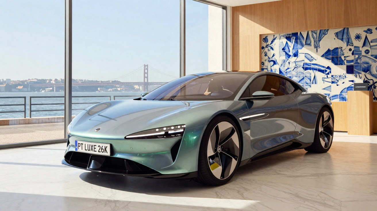 Carro esportivo elétrico cinza estacionado em ambiente interno com vista para ponte e rio ao fundo.