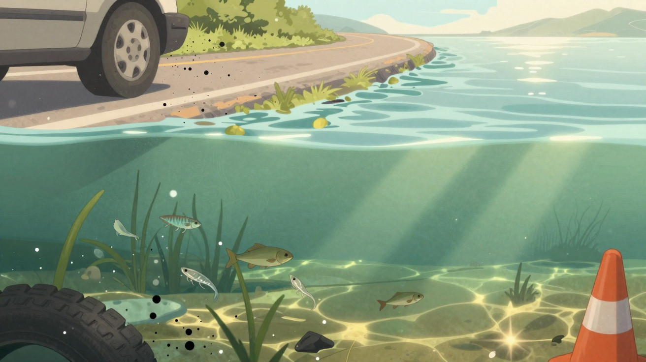 Carro parado em estrada junto a rio com peixes nadando perto de pneu e cone de sinalização submerso.