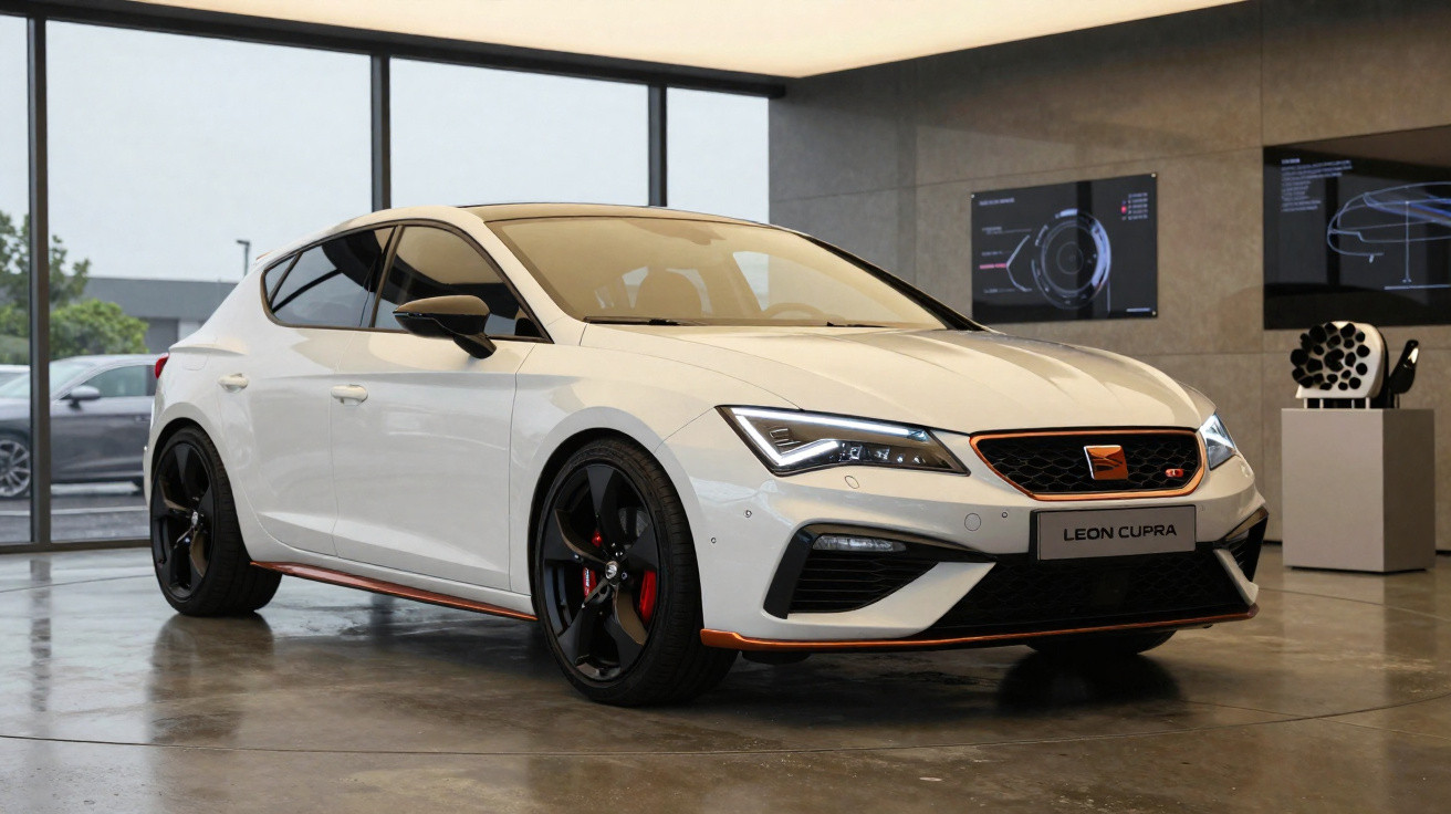 Carro branco esportivo Seat Leon Cupra em exposição dentro de showroom moderno.