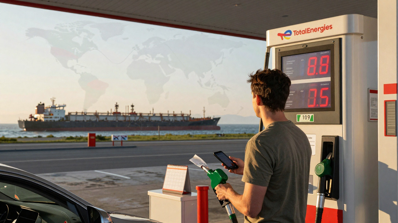 Homem abastecendo carro em posto TotalEnergies com navio ao fundo no final da tarde.