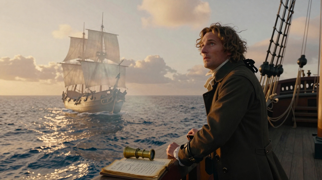 Homem em roupa antiga observa navio à vela no mar ao pôr do sol, segurando um telescópio na mão.