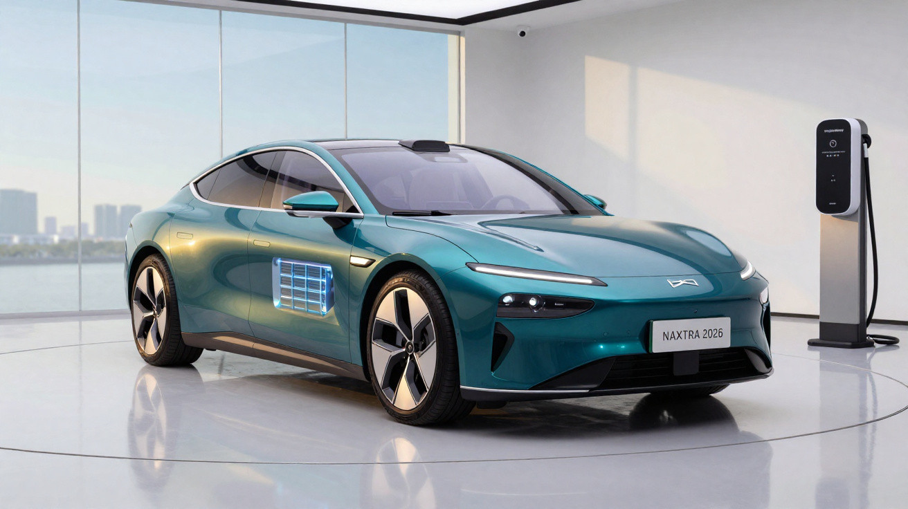 Carro elétrico azul em showroom moderno com carregador ao fundo e janela ampla com vista para cidade.