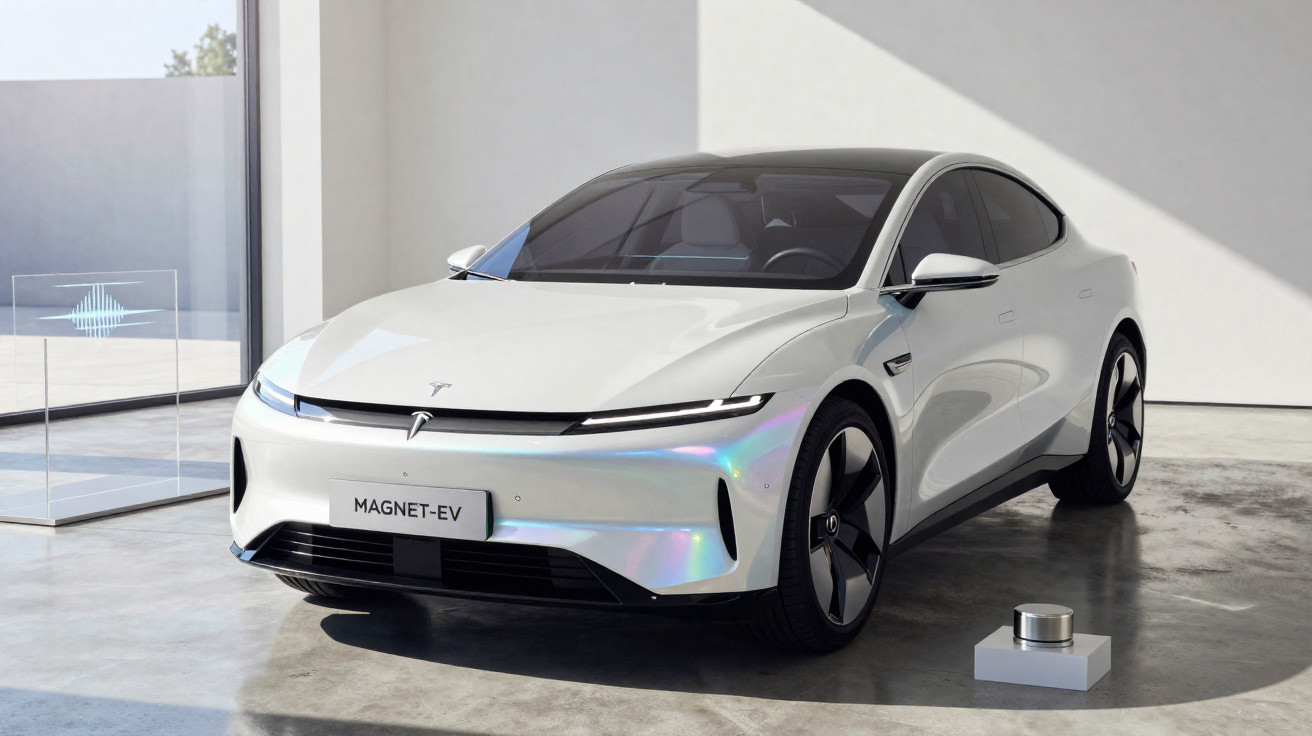 Carro elétrico branco modelo MAGNET-EV estacionado em ambiente interno moderno e iluminado.