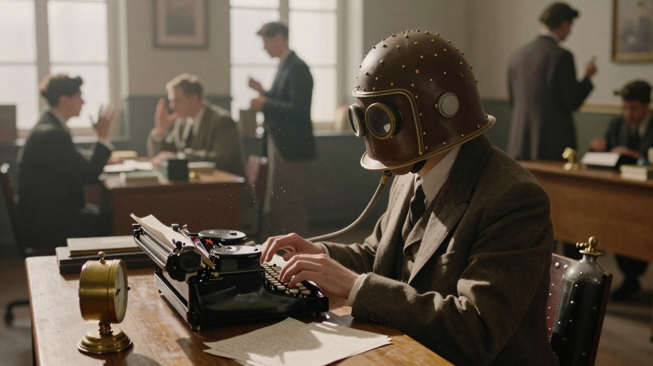 Homem com capacete antigo e traje formal digitando em máquina de escrever em escritório antigo.
