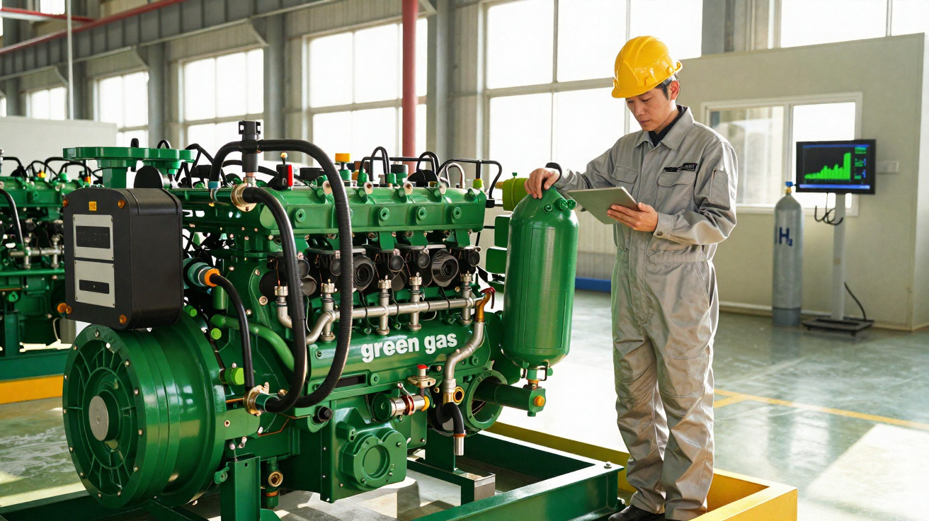 Engenheiro de segurança inspeciona equipamento verde de geração de energia em fábrica moderna.