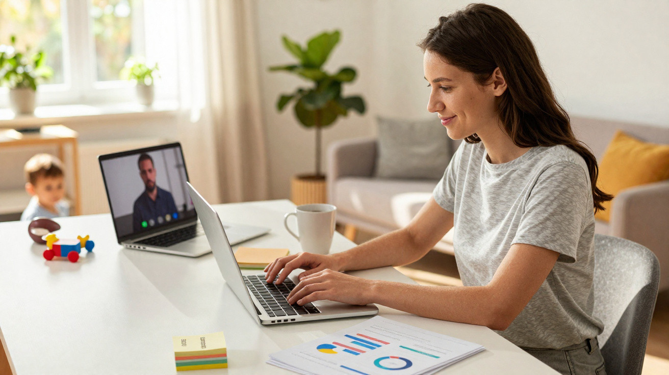 Mulher trabalhando no laptop em escritório doméstico, com criança ao fundo e reunião virtual em outro notebook.