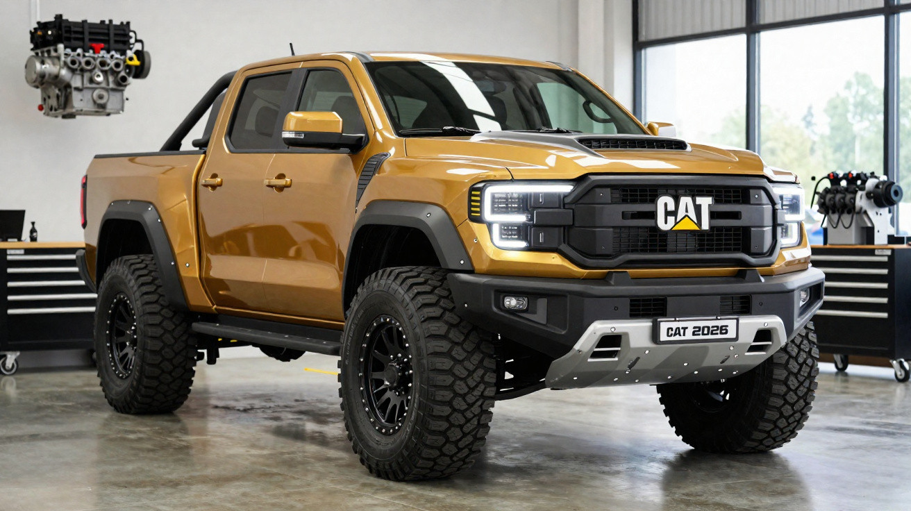 Picape amarela CAT 2026 com pneus off-road em oficina moderna com motor suspenso ao fundo.