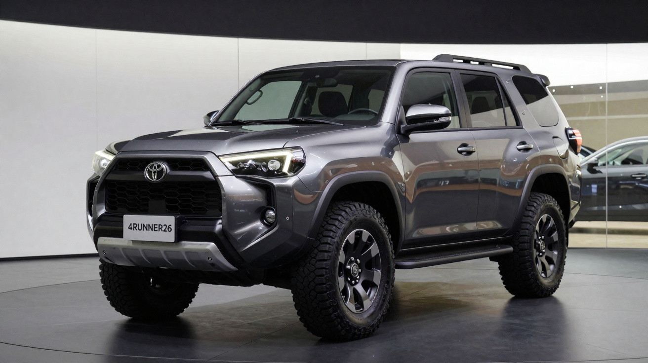 SUV Toyota 4Runner cinza estacionado em ambiente interno com parede branca e piso escuro.