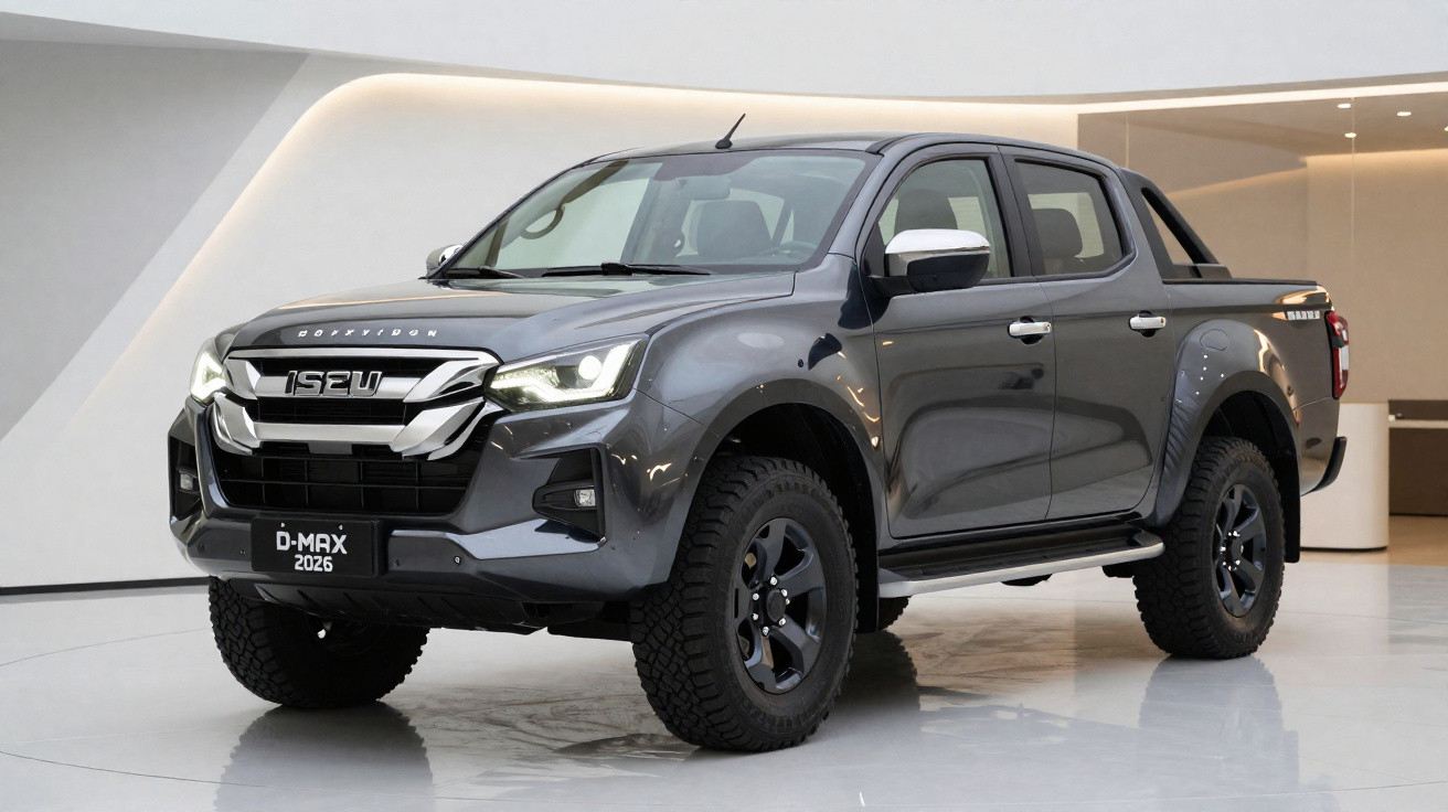 Picape Isuzu D-Max 2026 cinza escura em ambiente interno com luz suave.