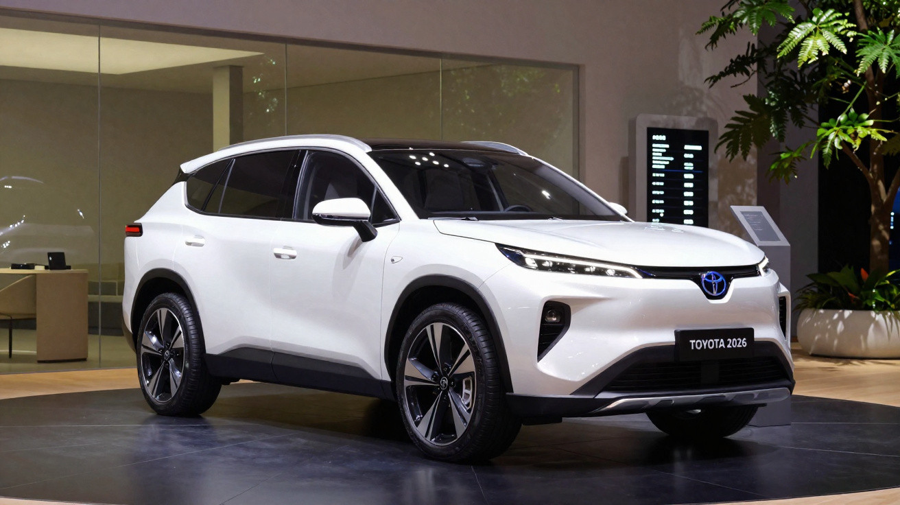 Carro SUV branco Toyota 2026 exposto em ambiente interno com planta ao fundo.