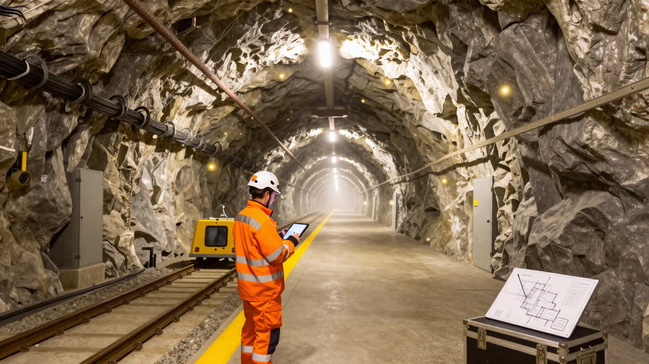 Trabalhador com uniforme laranja e capacete branco inspeciona túnel rochoso de mineração iluminado.
