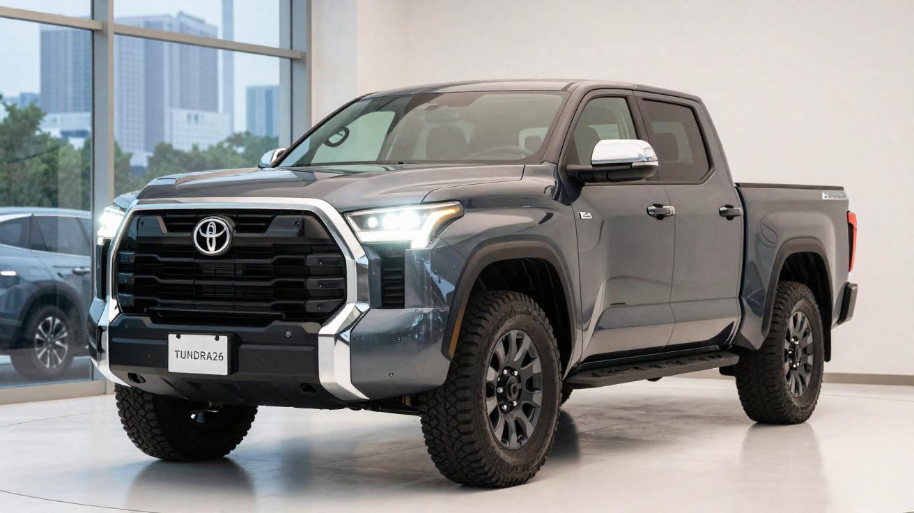 Picape Toyota Tundra cinza estacionada em showroom com faróis acesos e rodas pretas.