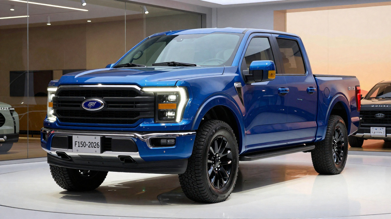 Picape azul Ford F-150 2026 exibida em salão de automóveis com rodas pretas e faróis acesos.