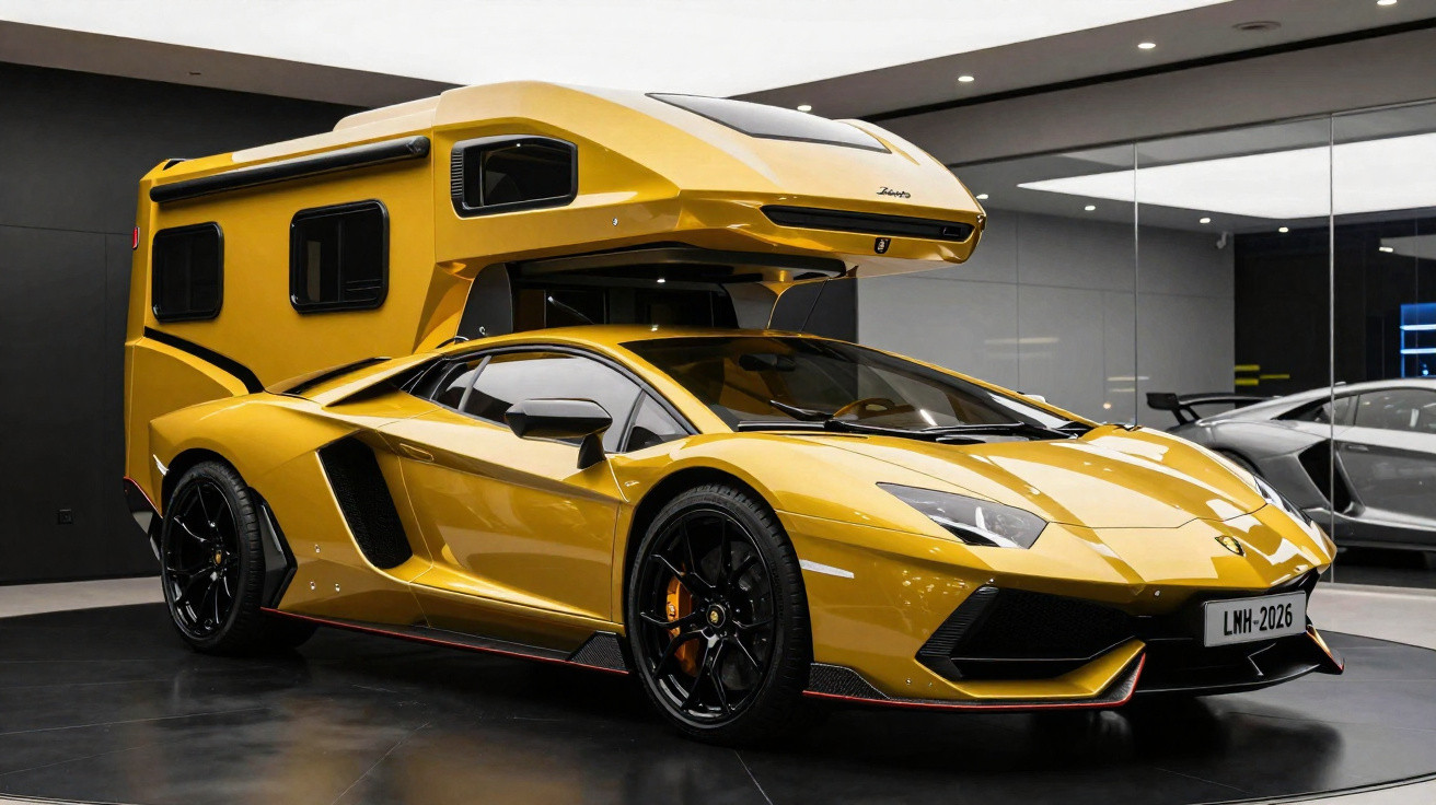 Carro esportivo amarelo modificado com estrutura de motorhome acoplada na traseira, em ambiente interno.