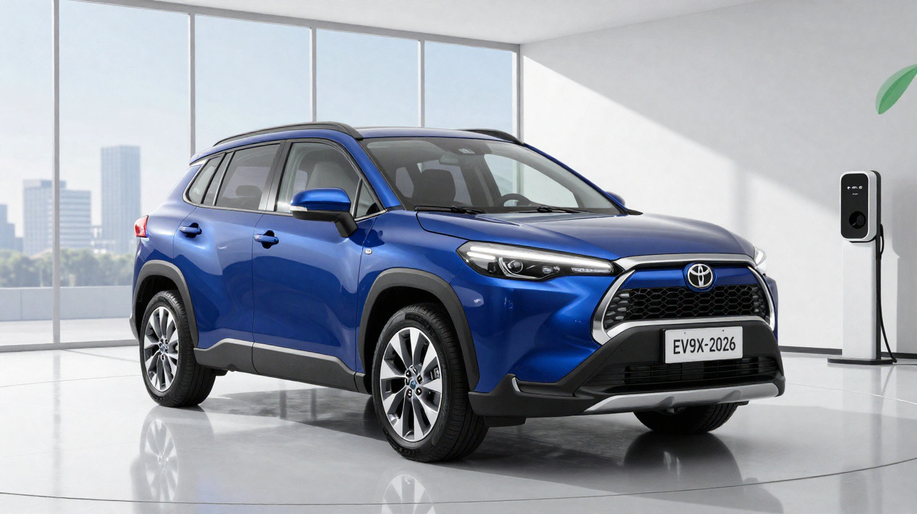 Carro elétrico Toyota SUV azul modelo 2026 estacionado em ambiente claro com carregador ao fundo.