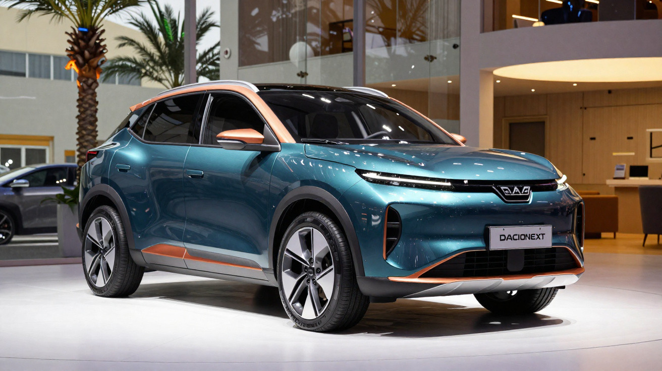 SUV elétrico azul com detalhes laranja exibido em showroom moderno com iluminação e plantas ao fundo.