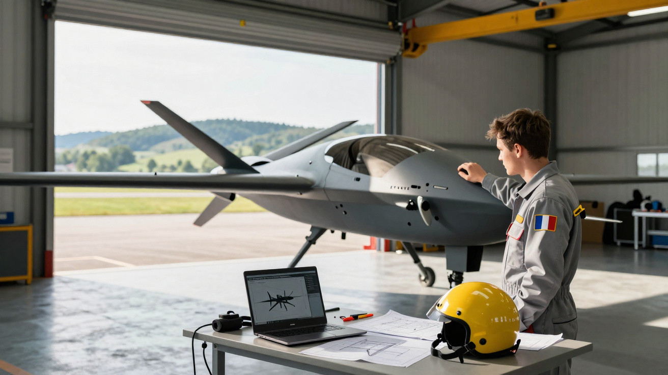 Homem em macacão observa drone militar cinza dentro de hangar, perto de mesa com laptop e capacete amarelo.