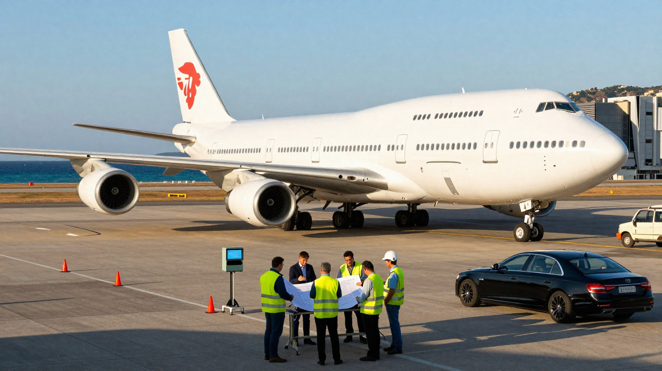 Grupo de cinco trabalhadores com coletes refletivos ao lado de avião branco estacionado no aeroporto.