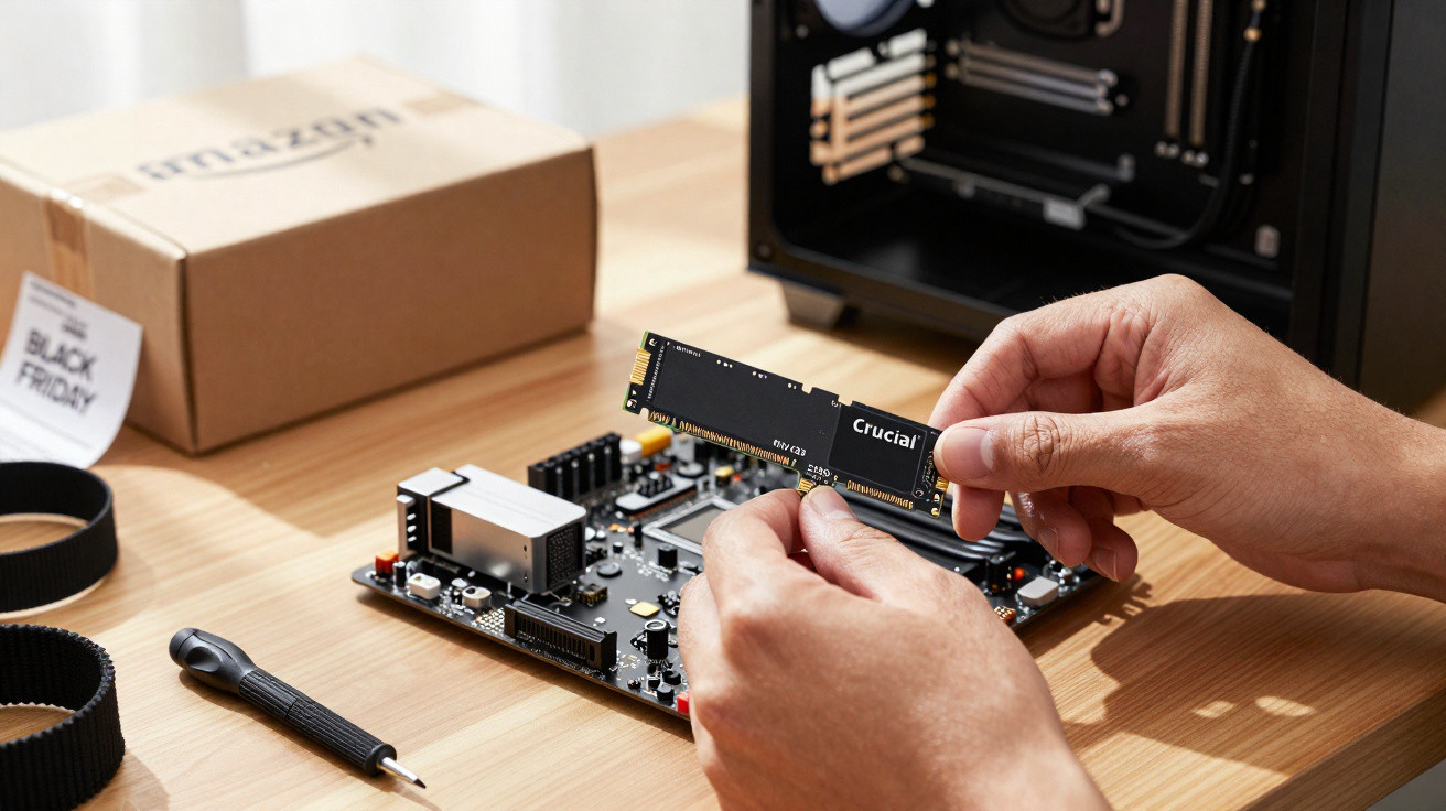 Mãos instalando um SSD Crucial em uma placa-mãe sobre mesa de madeira com caixa da Amazon ao fundo.