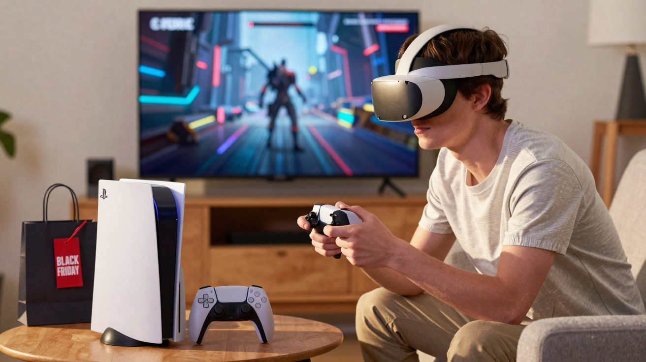 Jovem usando óculos de realidade virtual jogando videogame em sala com console PlayStation 5 e TV ao fundo.