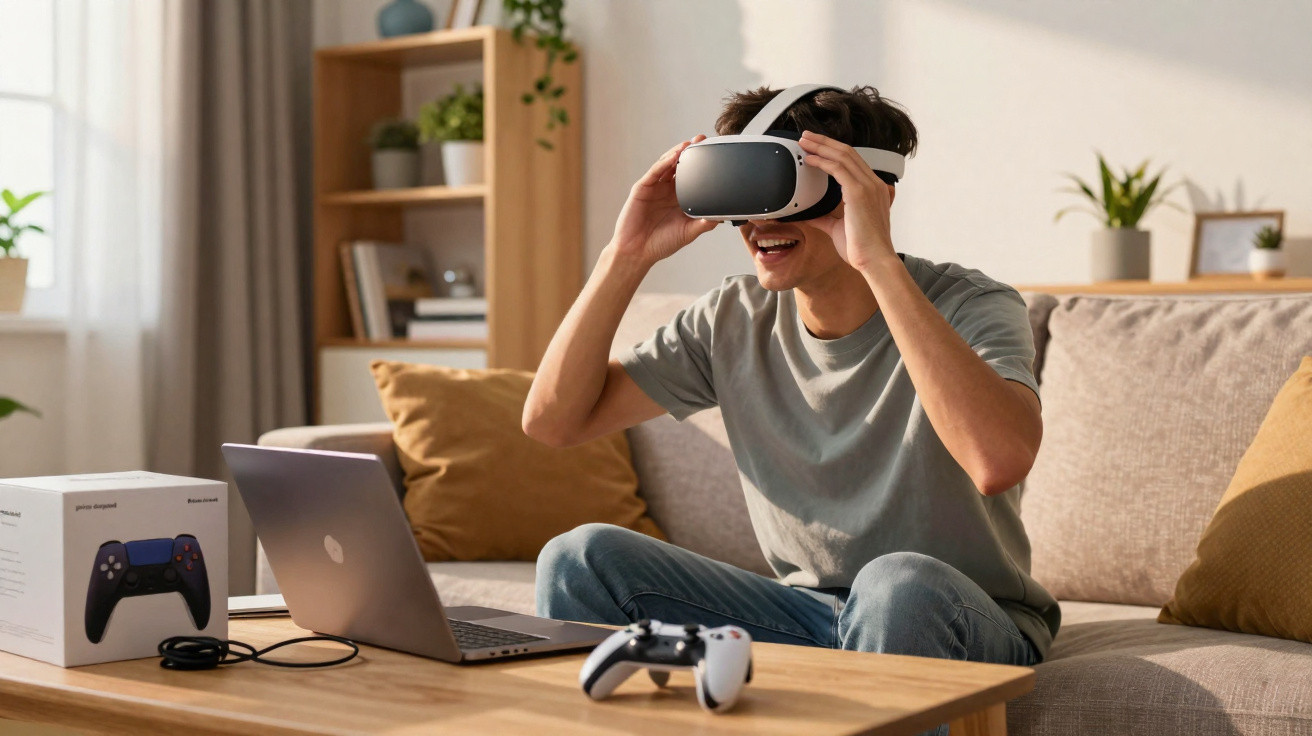 Jovem sentado no sofá usando óculos de realidade virtual, com controle e laptop sobre a mesa.