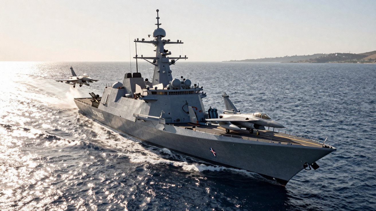 Fragata da marinha com jatos de caça no convés navegando em mar aberto próximo à costa.
