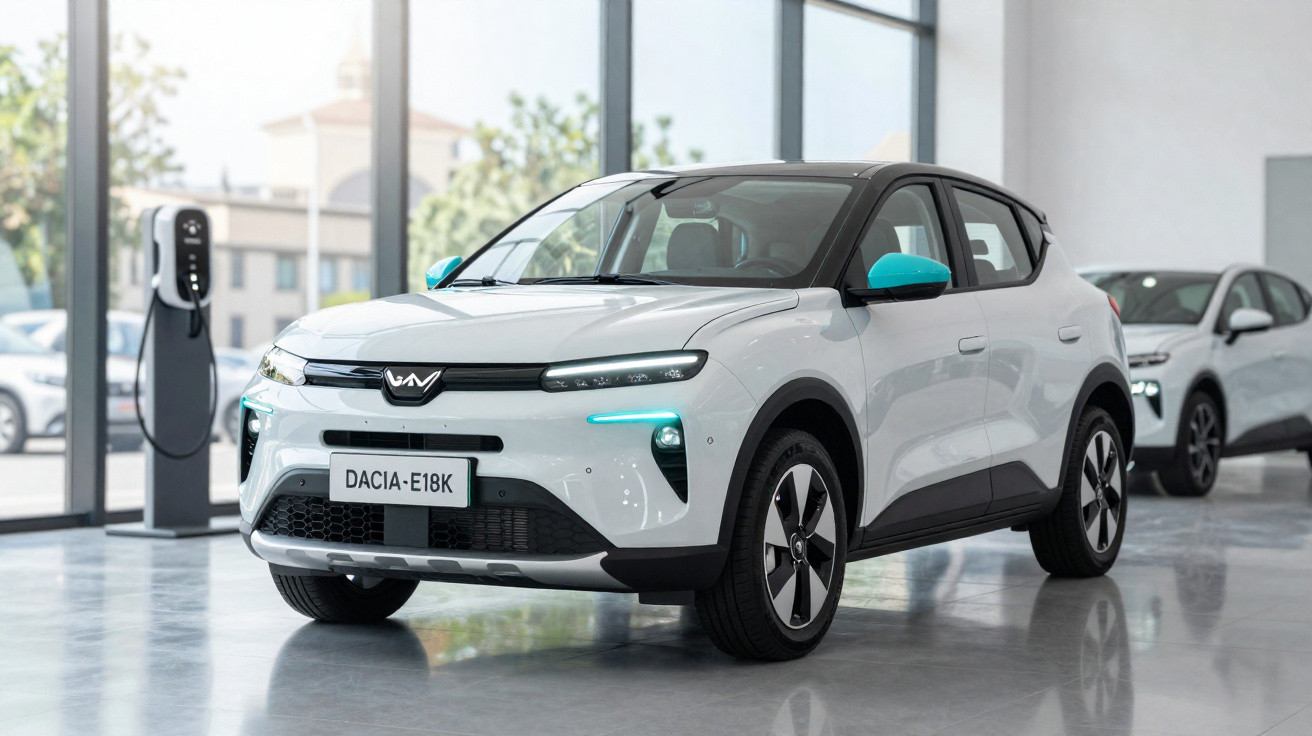 Carro elétrico Branco Dacia E18K exposto em showroom com estação de carregamento ao fundo.
