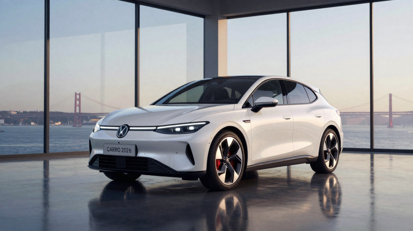 Carro elétrico branco exposto em ambiente interno com grandes janelas e vista para ponte ao fundo.