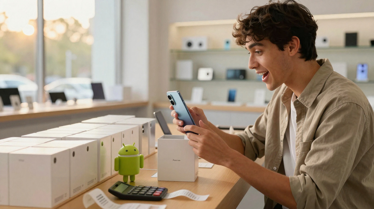 Jovem animado segurando smartphone novo em caixa dentro de loja de eletrônicos com Android em destaque.