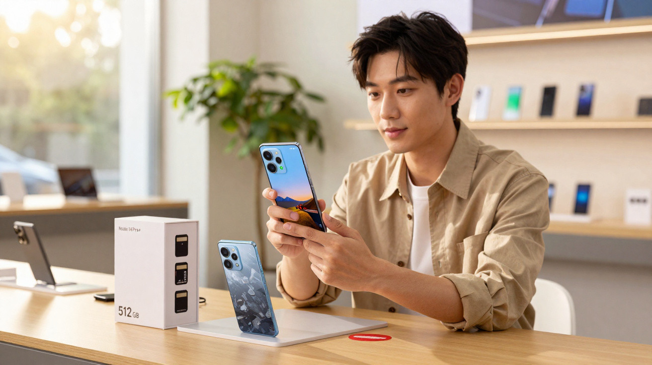 Homem sentado em mesa, segurando smartphone azul em loja moderna de tecnologia.