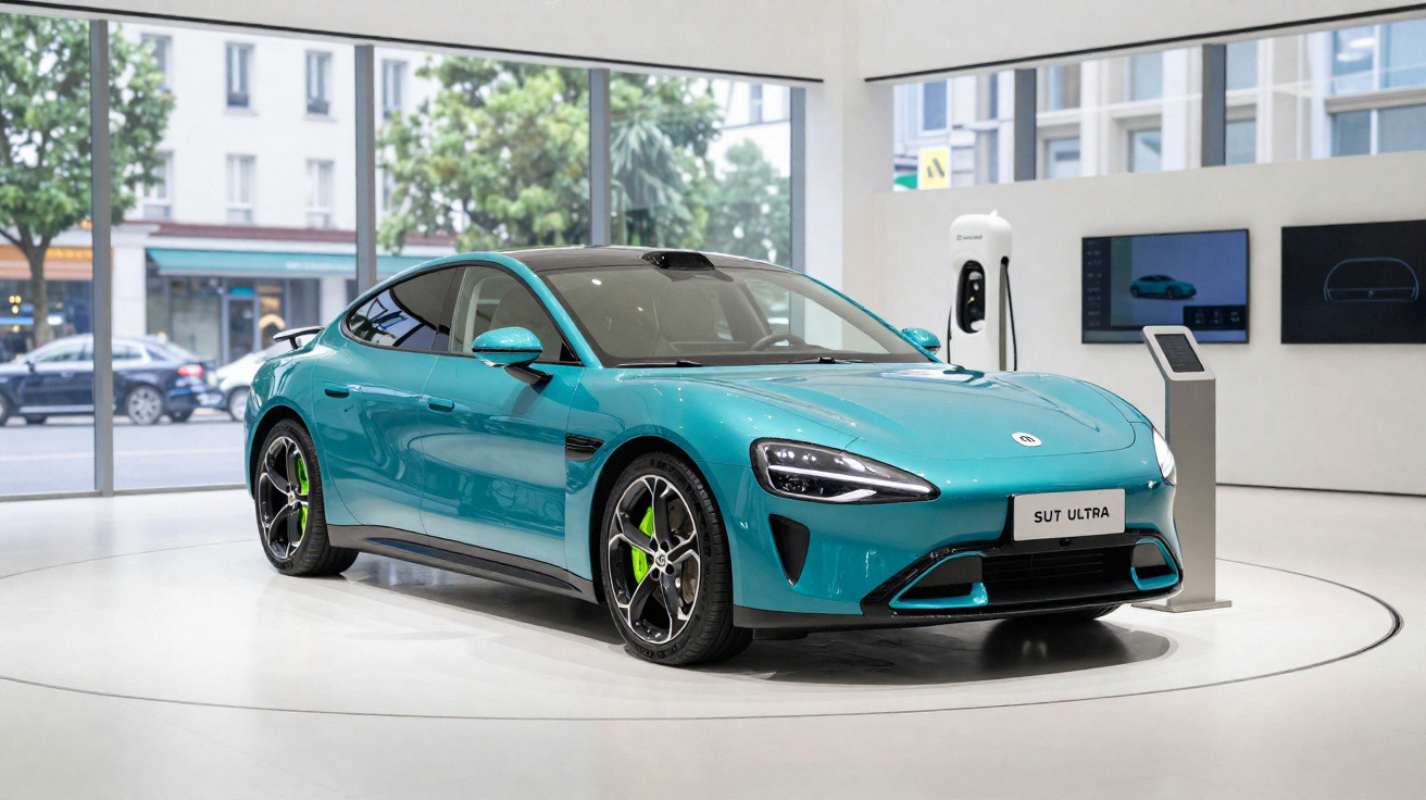 Carro elétrico azul exibido em showroom com estação de recarga ao fundo e janelas amplas.