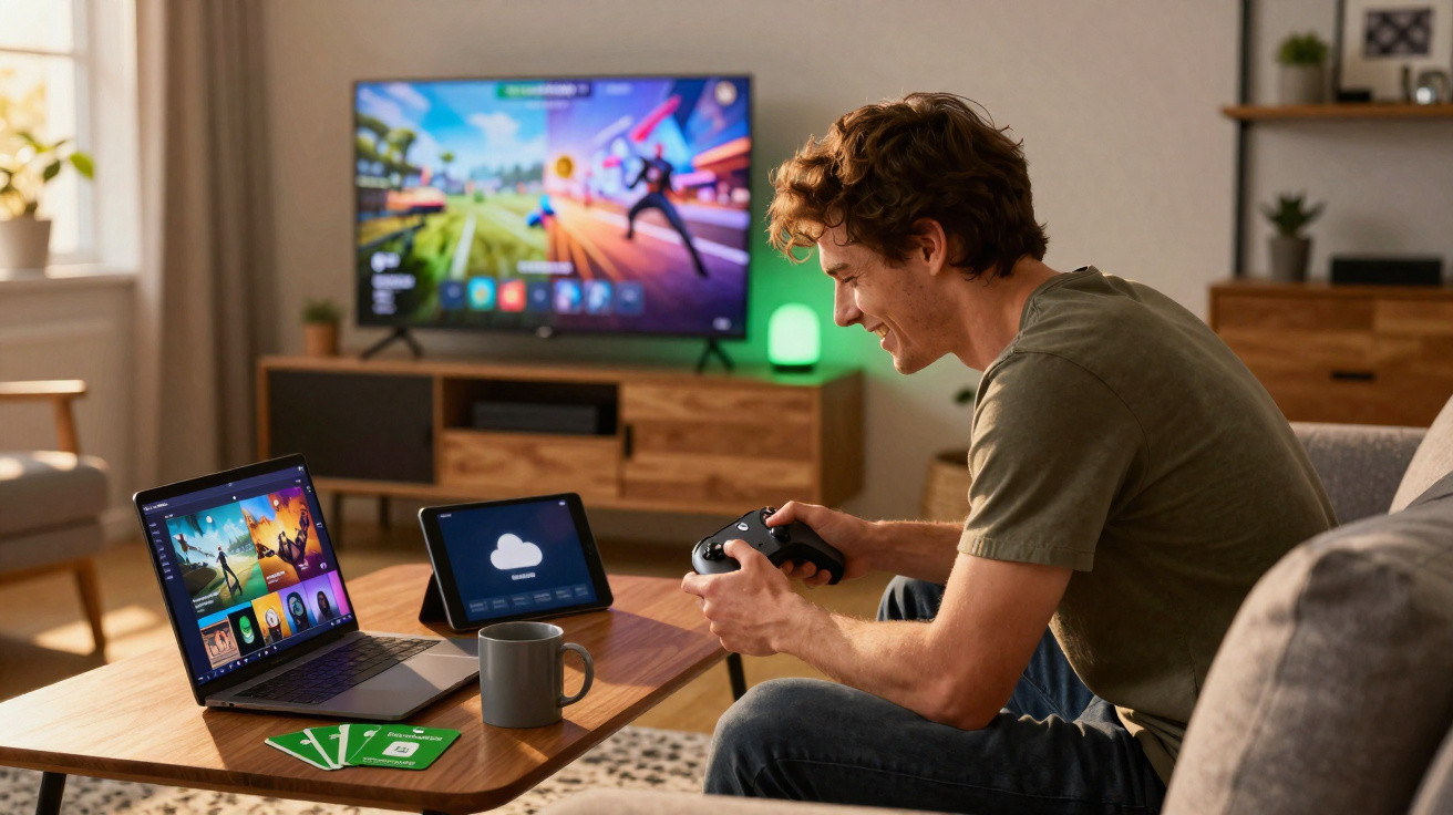 Jovem sentado no sofá jogando videogame com controle, laptop e tablet na mesa à sua frente.