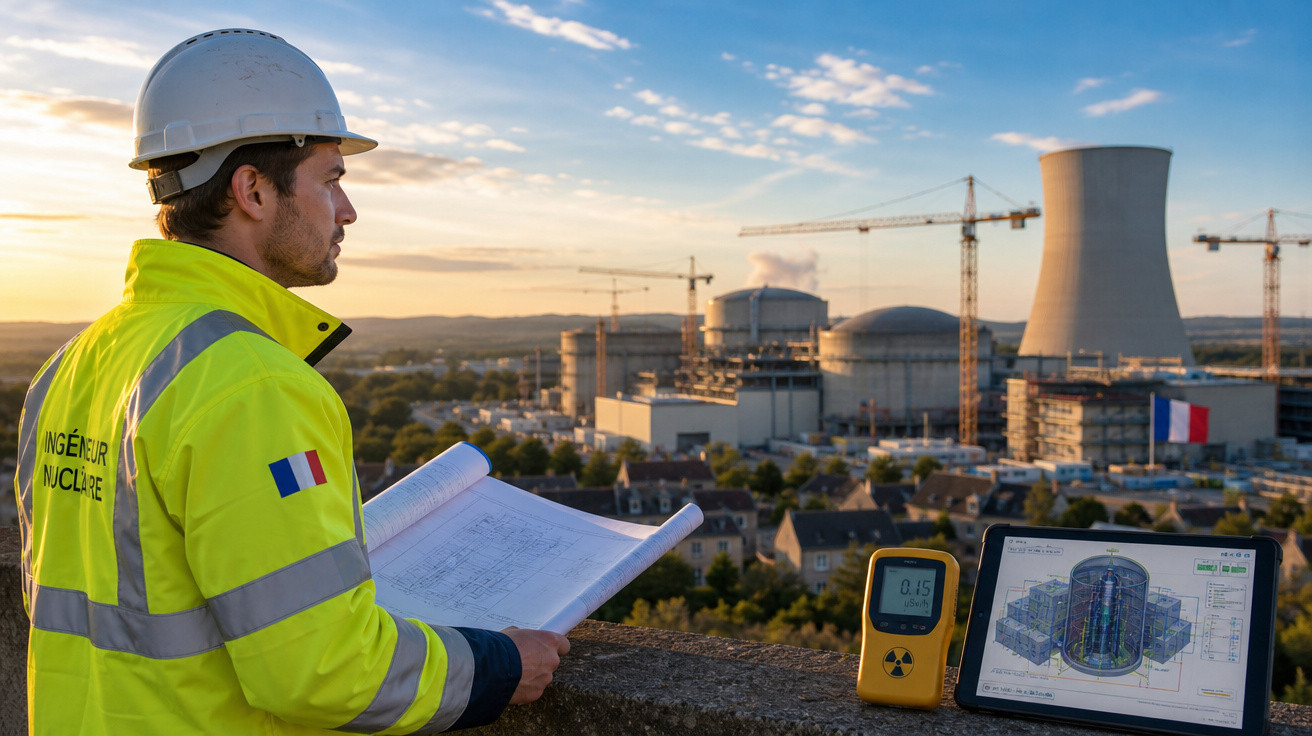 Engenheiro com capacete e jaleco refletivo observa usina nuclear ao pôr do sol, com tablet e medidor de radiação.