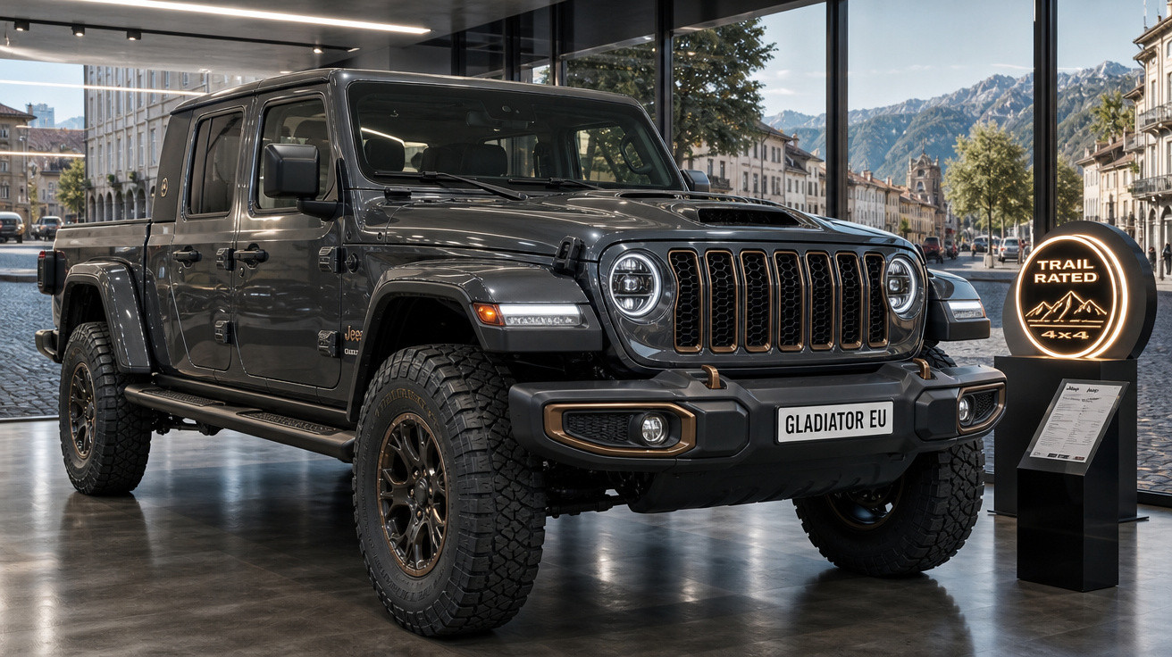Jeep Gladiator cinza em showroom com placa Gladiator EU e placa Trail Rated 4x4 ao lado.