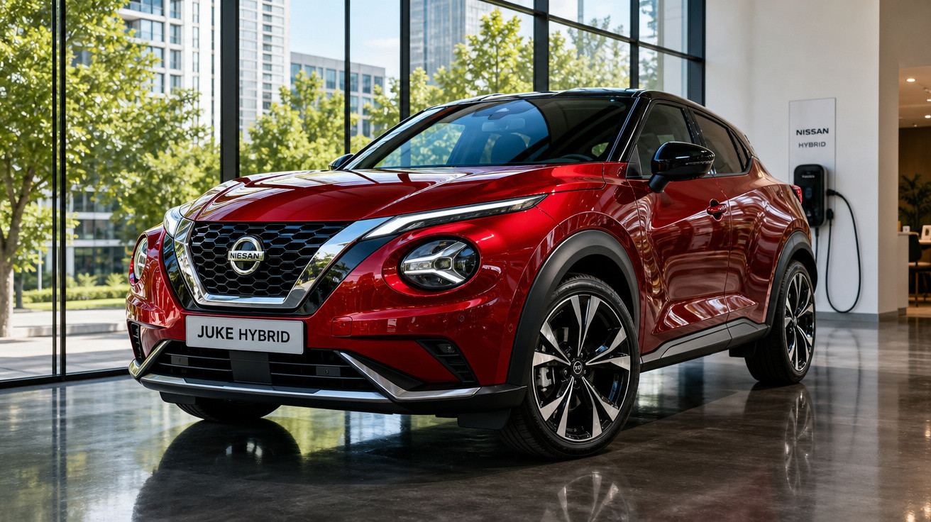 Carro Nissan Juke Hybrid vermelho exposto em ambiente moderno com parede de vidro e carregador elétrico.