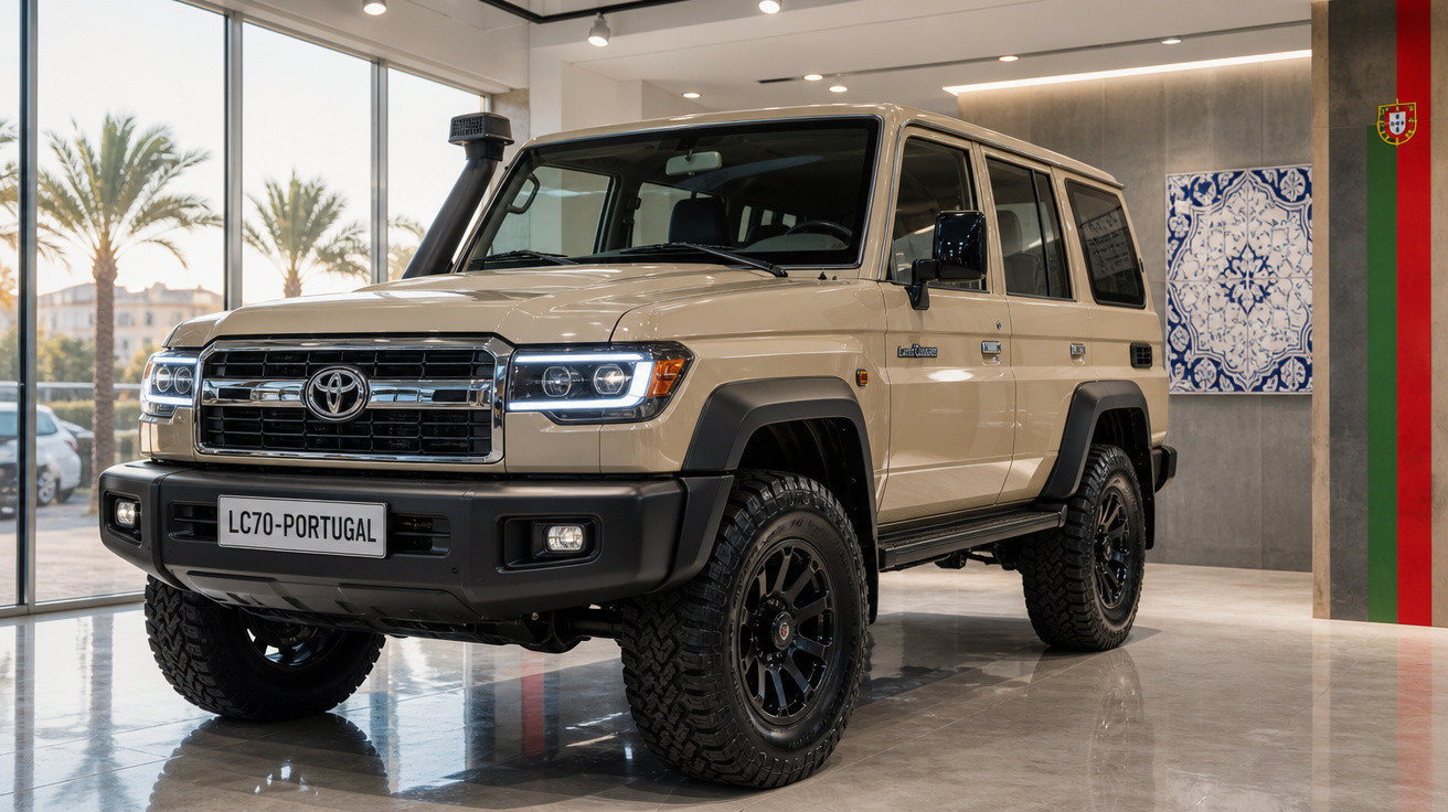 Carro SUV Toyota Land Cruiser LC70 bege estacionado em showroom moderno com piso brilhante.