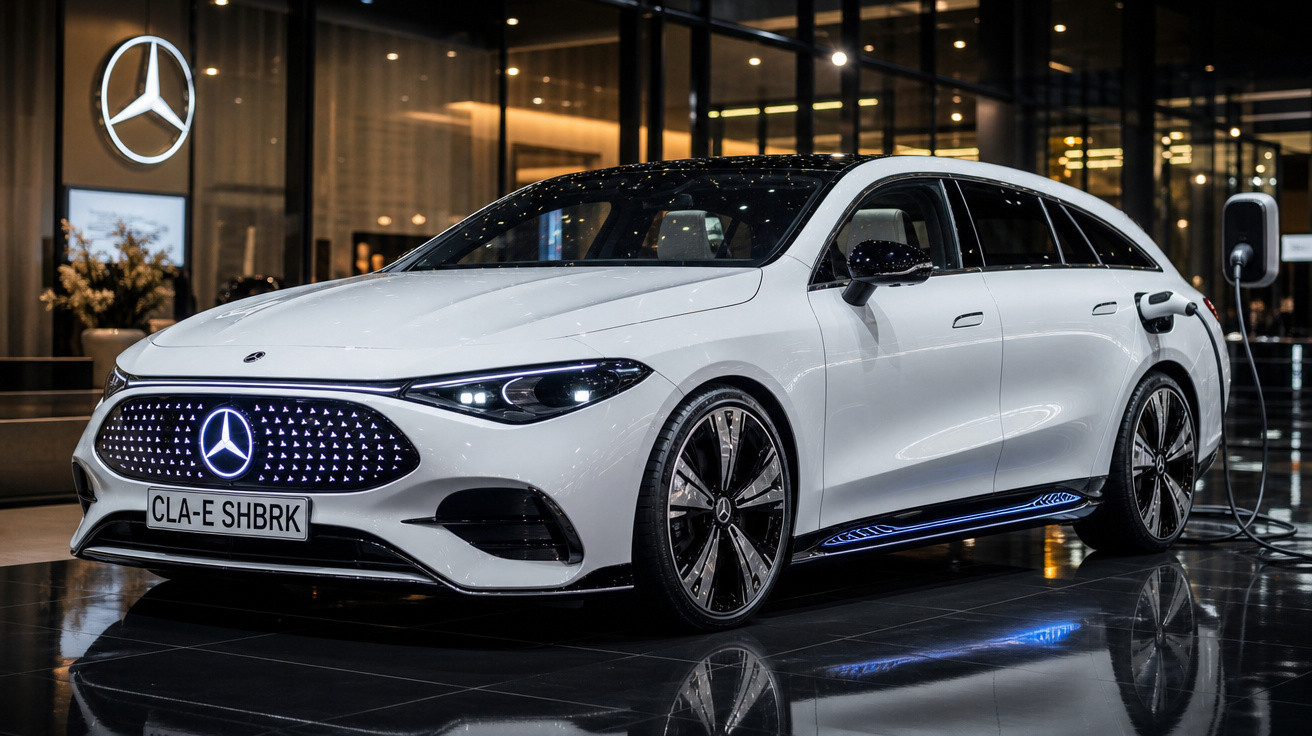 Mercedes-Benz elétrica branca modelo CLA estacionada em showroom com luzes azuis e carregando bateria.