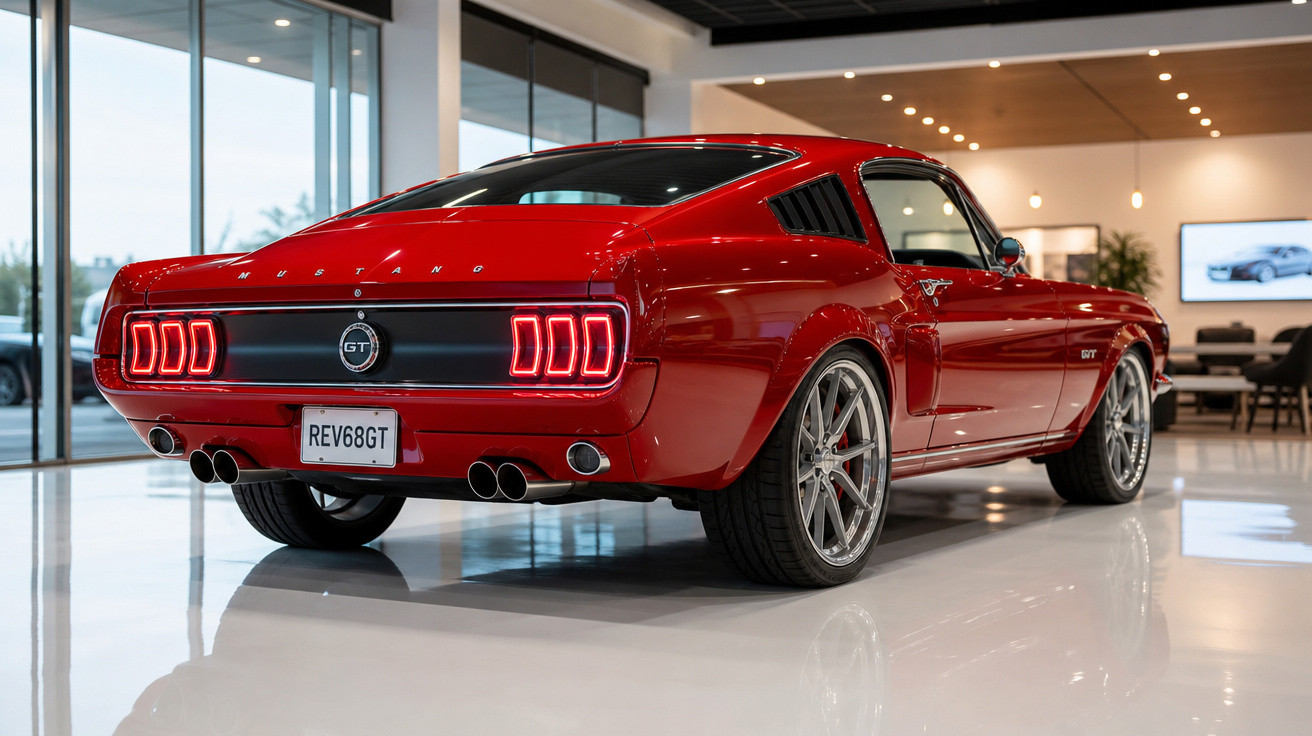 Carro esportivo clássico Mustang GT vermelho em showroom moderno com iluminação LED.