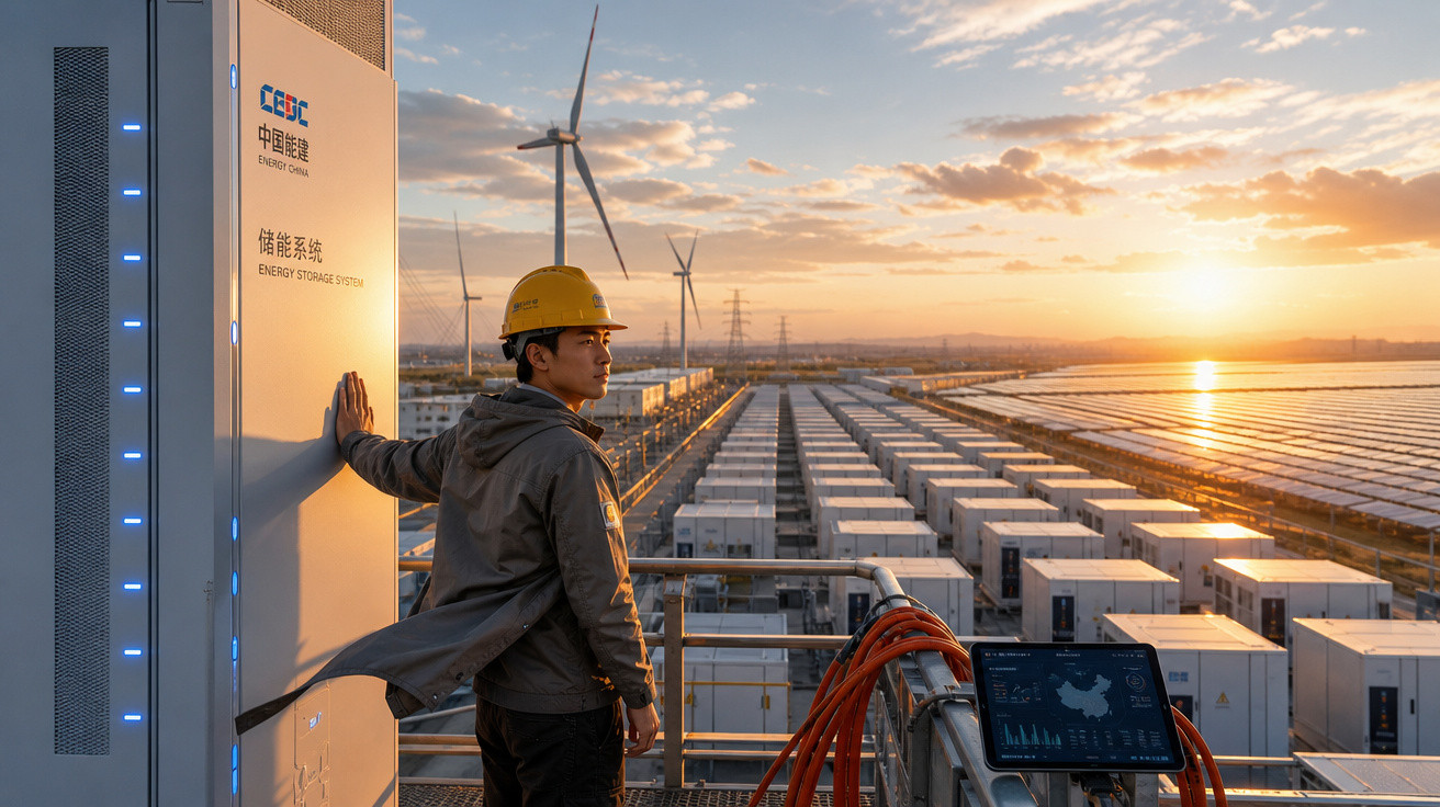 Homem com capacete observa usina de energia solar e turbinas eólicas ao pôr do sol.