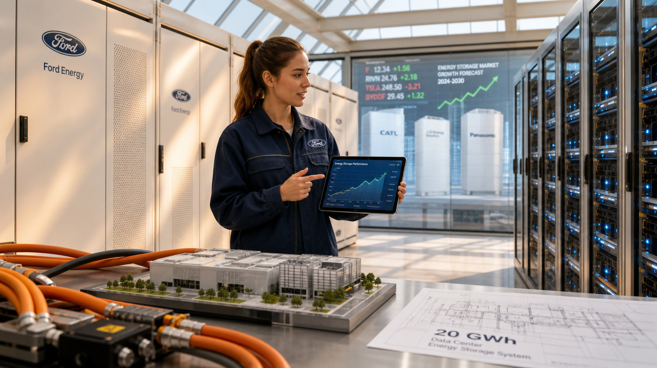 Mulher com uniforme Ford mostrando gráfico em tablet dentro de sala com servidores e maquete industrial.