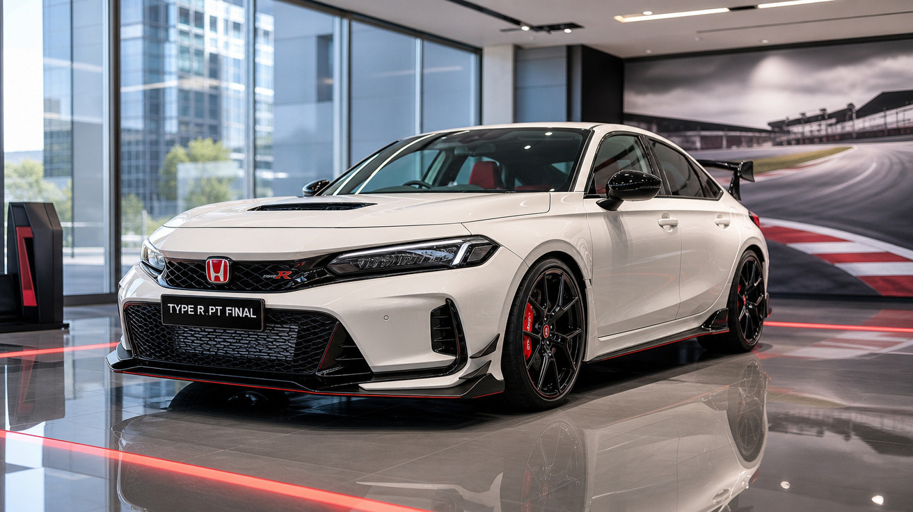 Carro esportivo Honda Type R branco exibido em showroom moderno com detalhes em vermelho e rodas pretas.