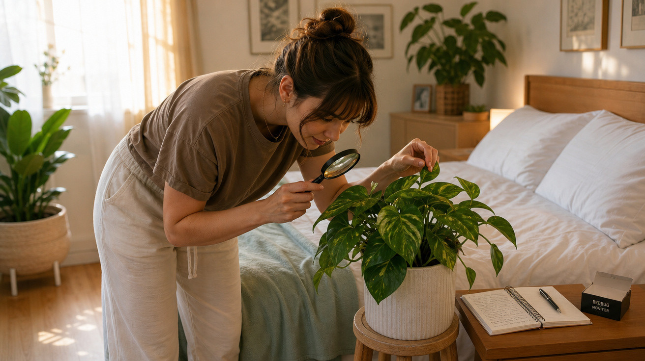 Mulher examina planta com lupa dentro de quarto iluminado e decorado com plantas e mobília clara.