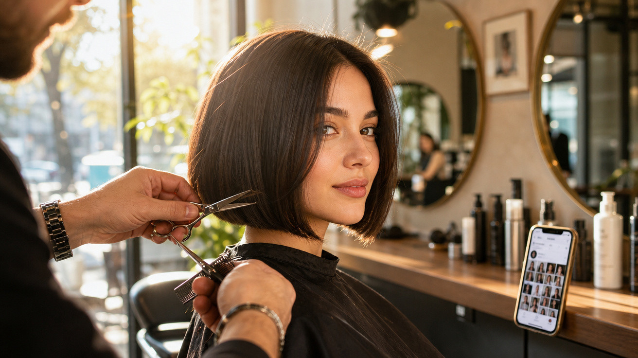 Mulher com cabelo curto sendo cortada por cabeleireiro em salão de beleza iluminado naturalmente.