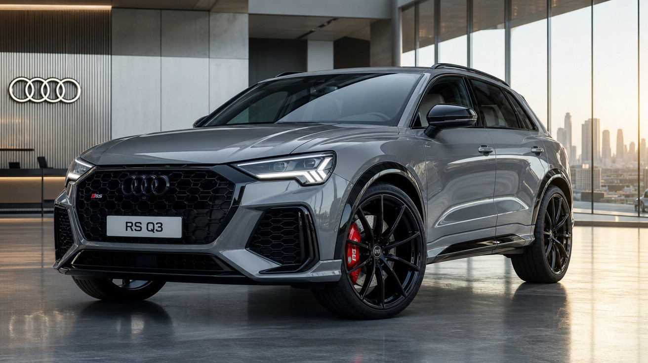 Carro Audi RS Q3 cinza em exposição interna com rodas pretas e freios vermelhos.