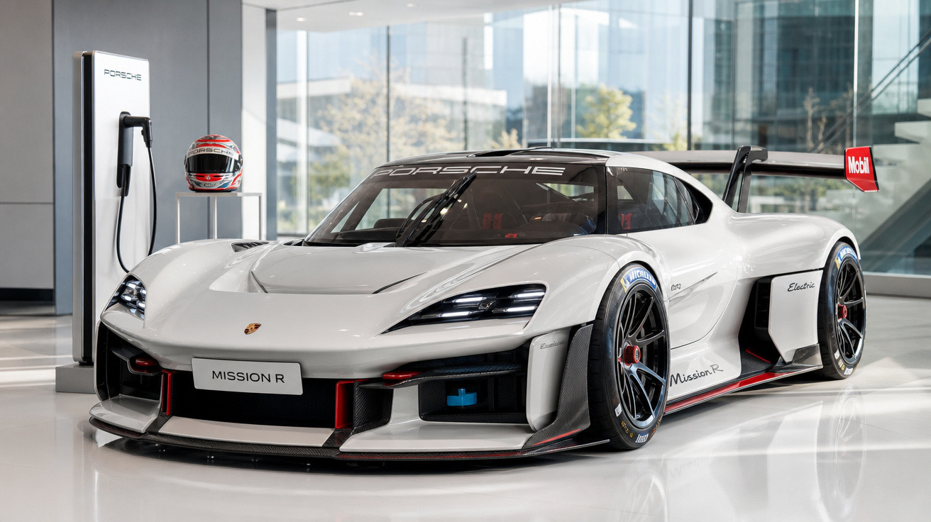 Carro de corrida elétrico branco Porsche Mission R exposto em ambiente moderno com carregador ao lado.
