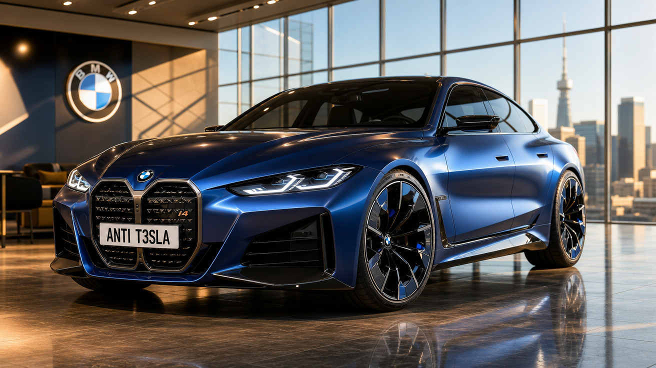 Carro BMW azul metálico em showroom com faróis acesos e placa personalizada "ANTI T3SLA".