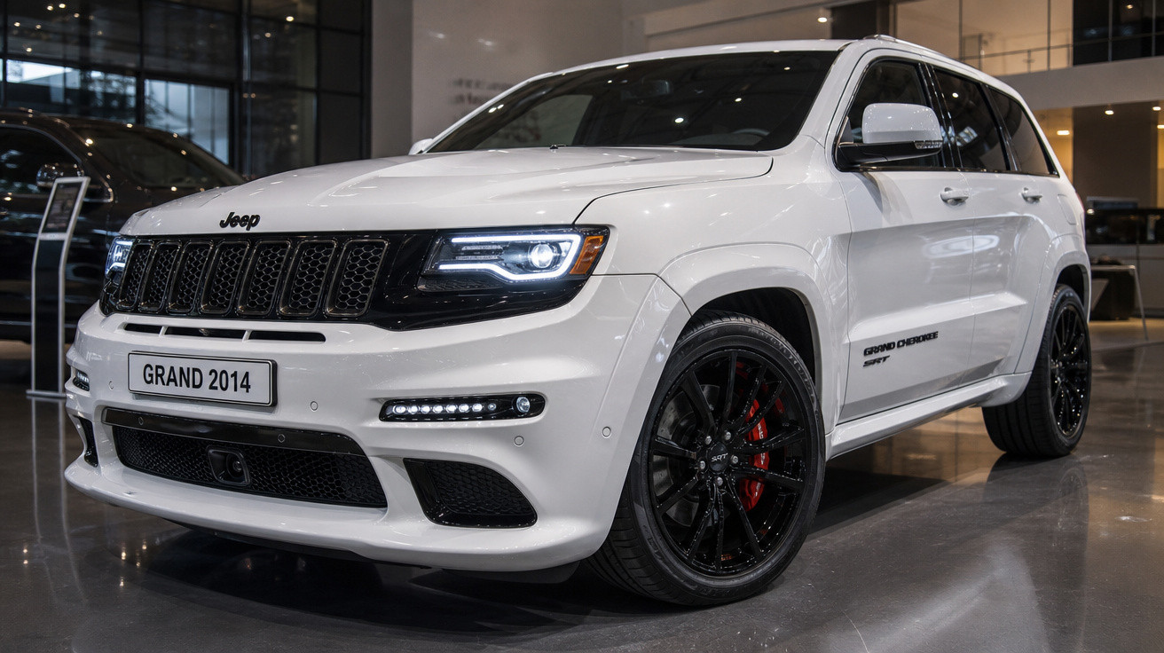 SUV Jeep Grand Cherokee branco 2014 em exposição com rodas pretas e detalhes vermelhos.