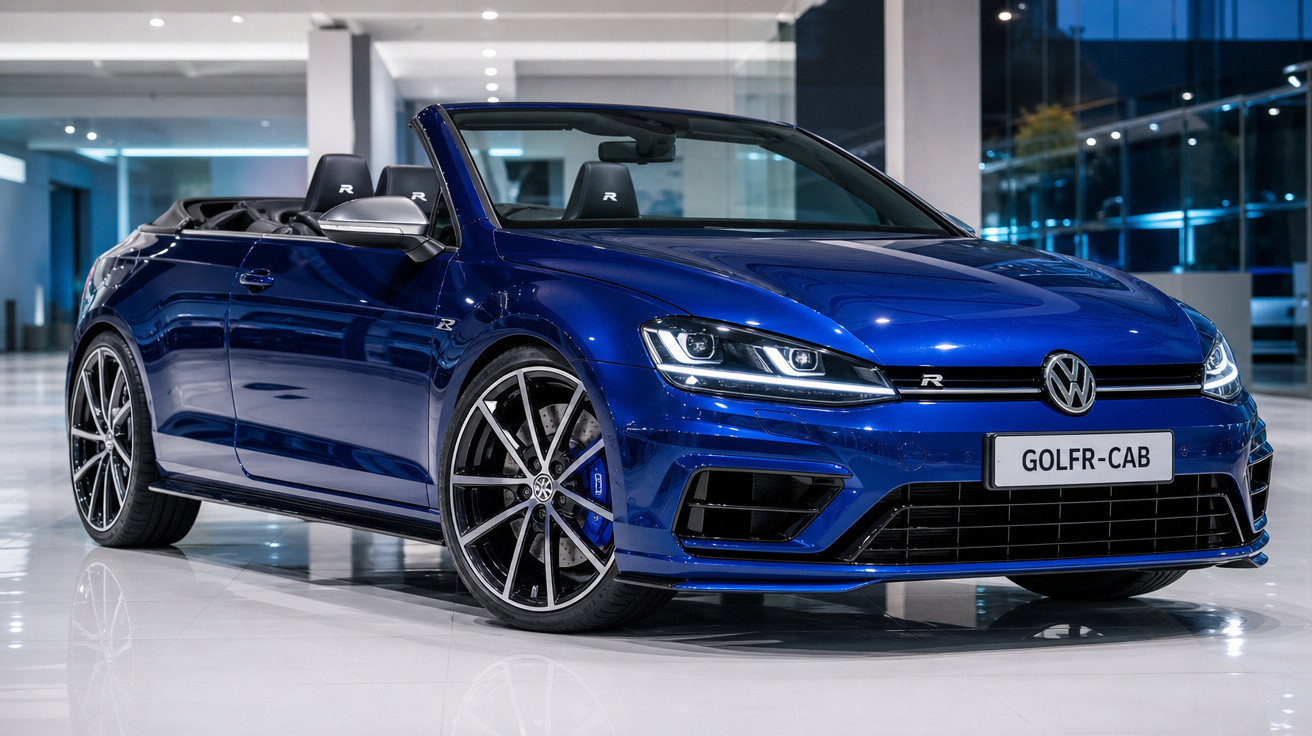 Carro conversível esportivo Volkswagen Golf R azul em ambiente interno moderno e iluminado.